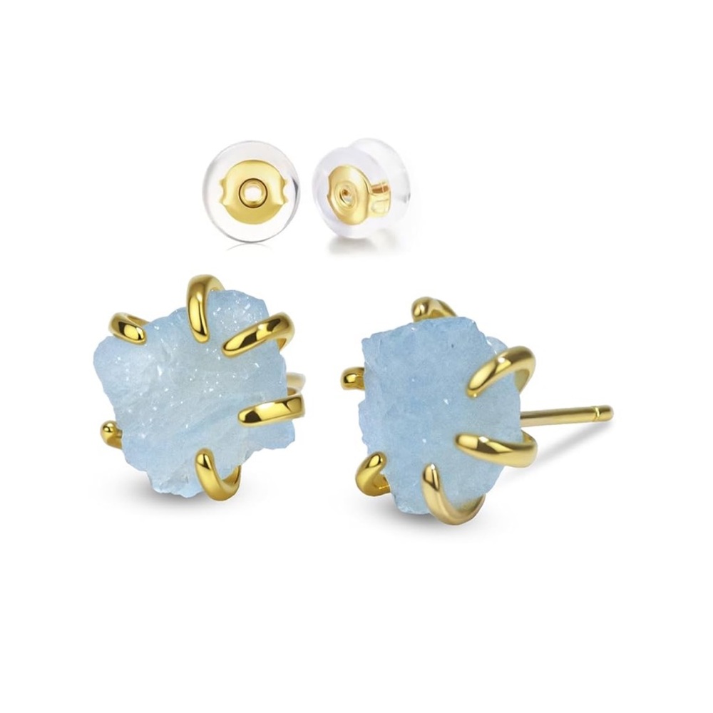 Natural Aquamarine Raw Gemstone Handmade Prong Setting Stud Earrings in Gold